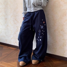 美式慵懒风格纹贴布星星弯刀休闲裤bf复古宽松阔腿裤子男女，男装休闲裤，星座506A