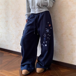 美式慵懒风格纹贴布星星弯刀休闲裤bf复古宽松阔腿裤子男女图片