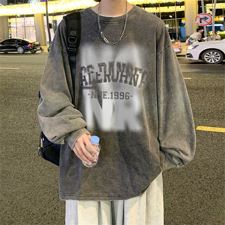 直播品质重磅纯棉美式蜡染水洗做旧潮牌宽松长袖t恤CT296特P38,男装T恤,电商A486