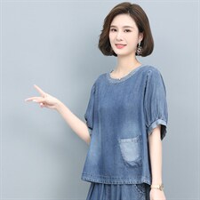 时尚宽松牛仔短袖T恤女夏季新款休闲百搭透气上衣，女装T恤，悦见她