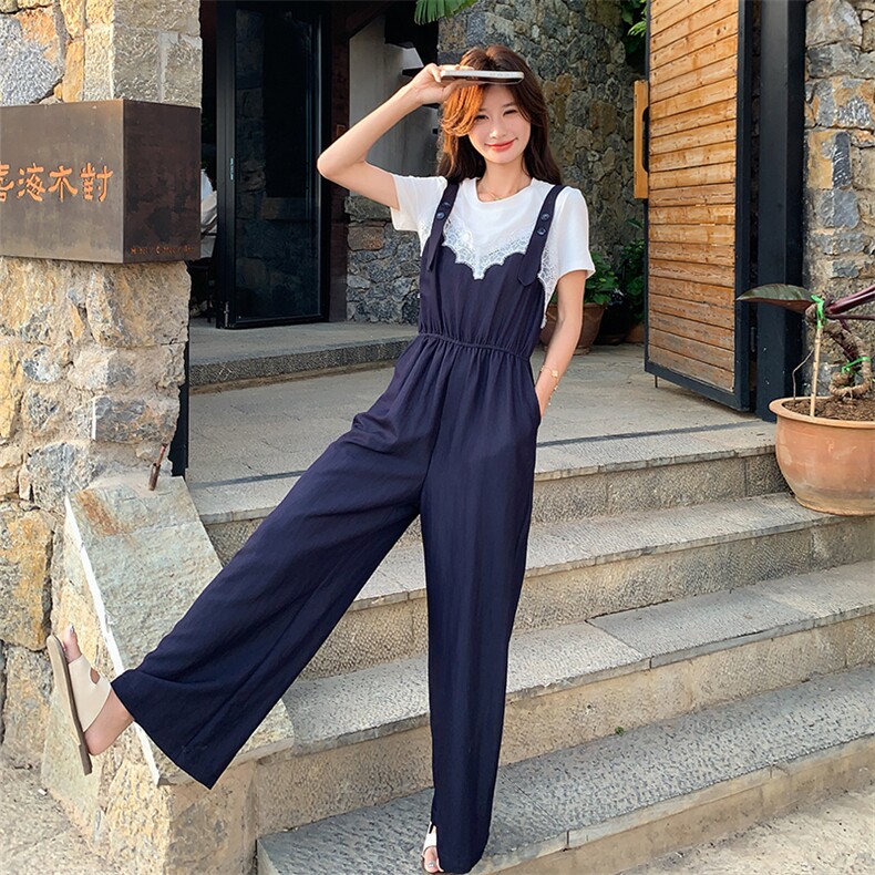 减龄T恤蕾丝拼接背带裤套装女夏2025新款慵懒风连衣裤流行高级感图片
