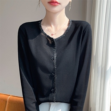 时尚潮流清爽简约碎钻包边长袖圆领开衫衬衣，女装衬衫，圣丽羊绒