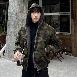 图 美复古毛领夹棉迷彩座山雕加绒加厚保暖外套男女冬季棉服图片