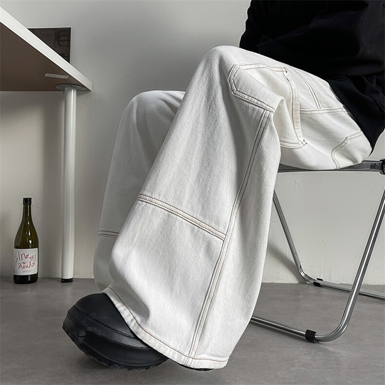 小众设计感明线牛仔裤男宽松阔腿拖地男长裤子，男装牛仔裤，电商D206-1