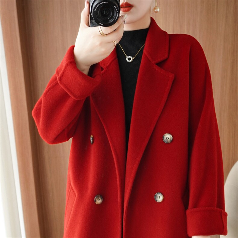 2024秋冬款双面呢大衣女中长款宽松羊毛加厚外套，女装双面呢大衣，悦洋羊绒