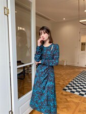 改良旗袍收腰显瘦印花时尚气质高雅修身圆领连衣裙，女装汉服/婚纱/旗袍/礼服，荷塘月色