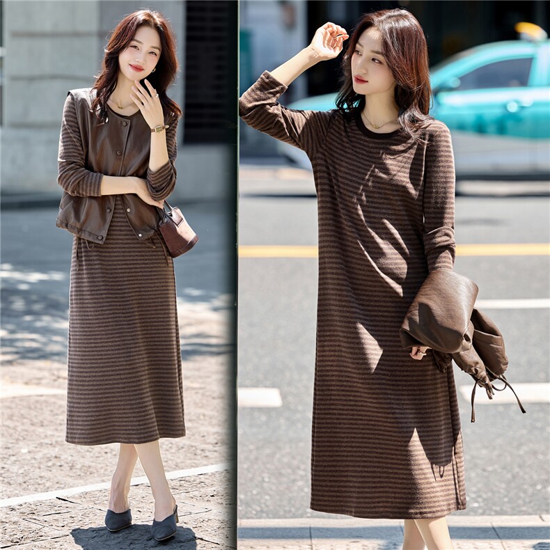 欧货条纹宽松连衣裙两件套女2025秋新款时尚韩版休闲PU皮马甲上衣，女装套装/套裙，意芙