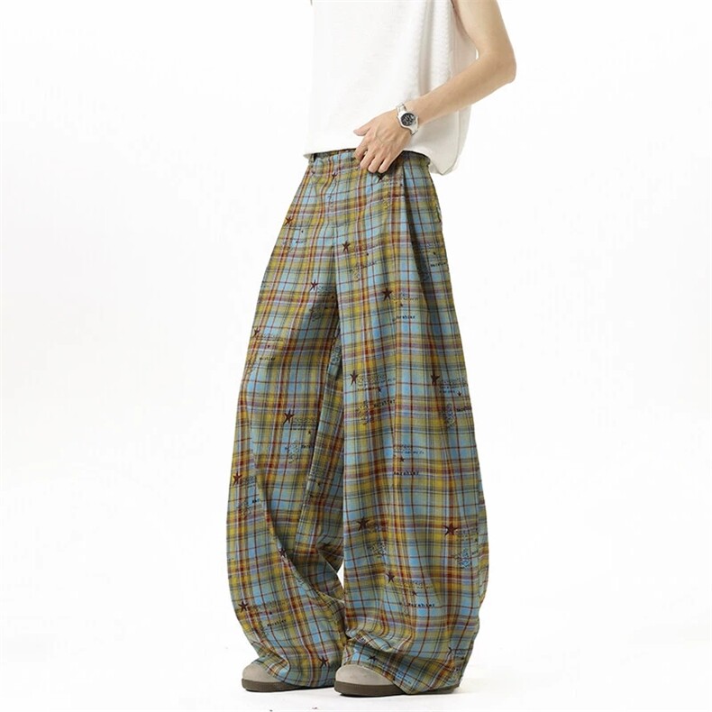 撞色条纹阔腿裤春秋新款复古彩格松紧腰阔腿裤磨毛棉布宽松格子休闲裤女，男装休闲裤，星座302B-2
