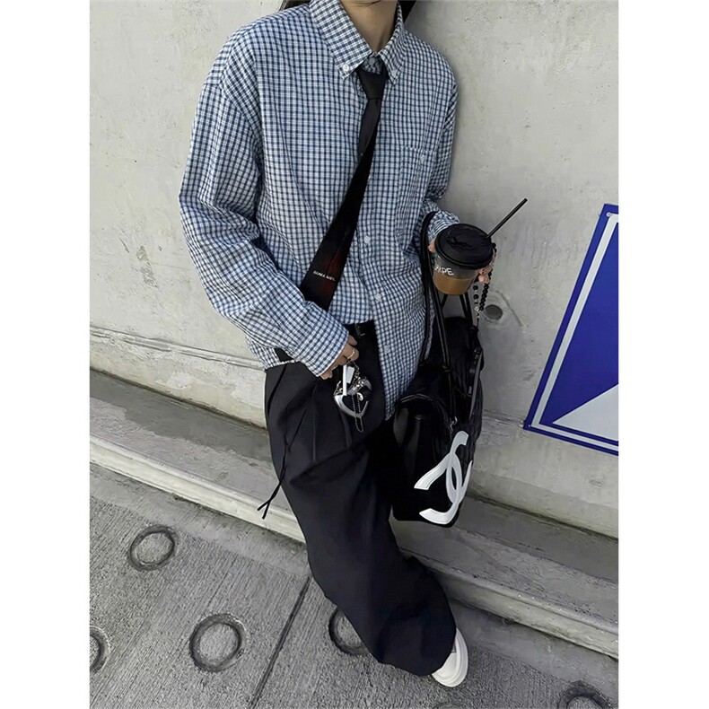 复古长袖格子衬衫拼接2026春季miu系穿搭衬衣男C64134-TP4588,男装衬衫,电商A102