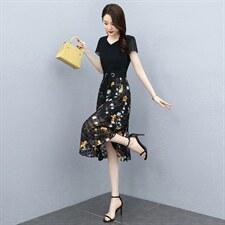 2025夏季碎花雪纺收腰假两件连衣裙女气质拼接裙子温柔长裙，女装连衣裙，牡丹诺