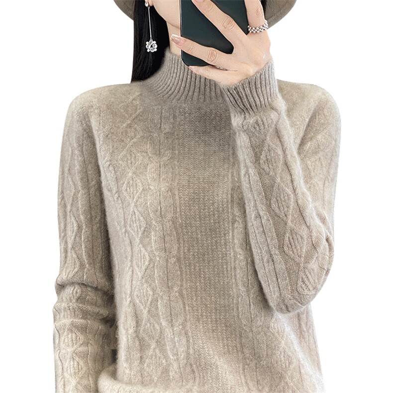 秋冬新款羊毛半高领绞花毛衣女宽松显瘦保暖针织衫,女装羊毛衫,秋虹羊绒