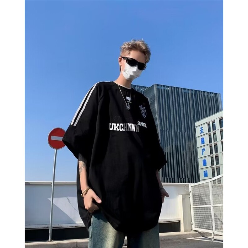 拼接撞色夏季短袖男美式三条杠拼接情侣tee恤HT136P38,男装T恤,星座1116-2