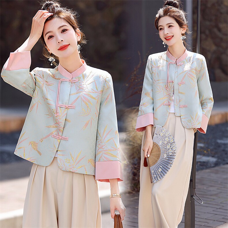 新中式国风短款外套女2025春秋新款复古盘扣提花改良唐装立领上衣，女装短外套，姿衣坊