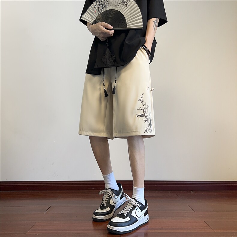 2024夏季新中式潮竹叶刺绣宽松休闲短裤B315-K24068-特p30控58,男装休闲裤,电商B315