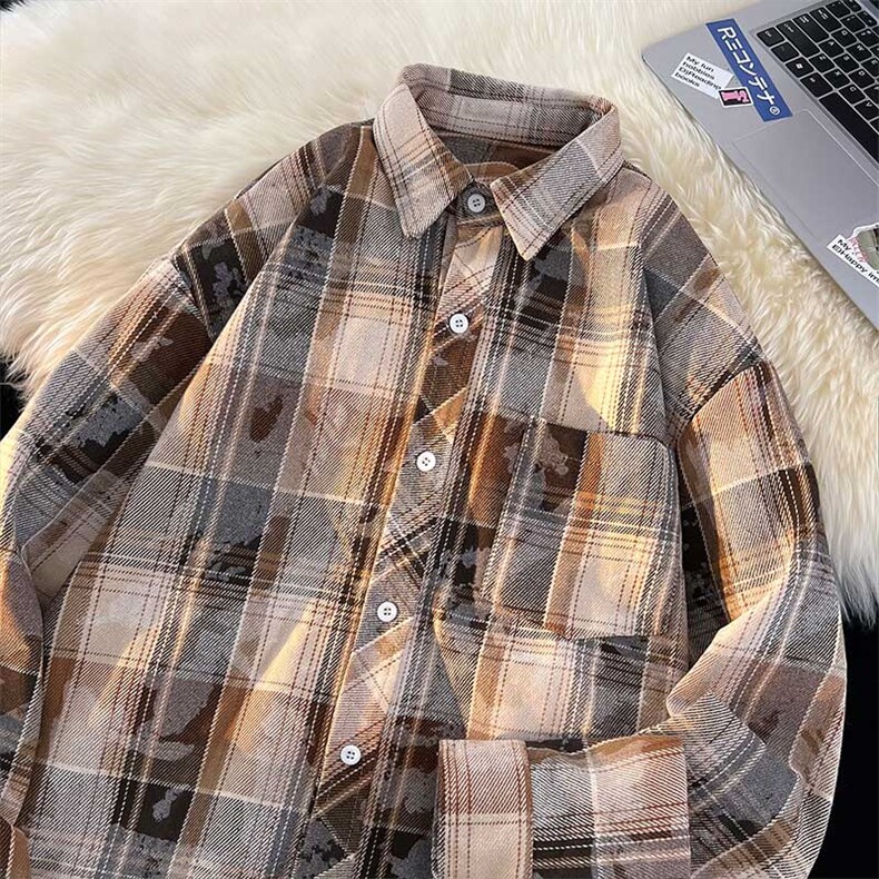控价89港风加厚印花格子衬衫宽松外套百搭格子外套CS2415P55,男装衬衫,电商A128