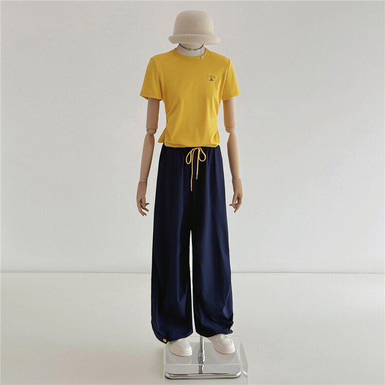 女夏季新款韩版时尚减龄套装显瘦圆领黄色短袖上衣阔腿长裤两件套,女装套装/套裙,江南