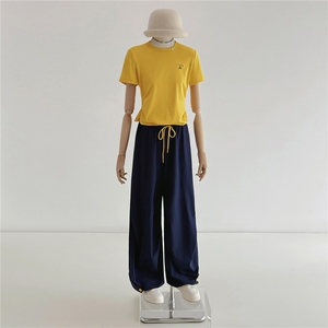 女夏季新款韩版时尚减龄套装显瘦圆领黄色短袖上衣阔腿长裤两件套图片