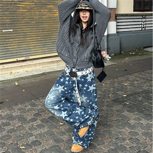春秋新款今年流行宽松直筒阔腿印花牛仔裤子NZ7097图片