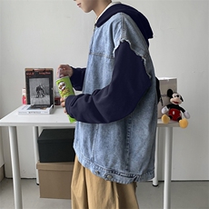 秋装港风长袖卫衣拼接牛仔连帽夹克外套休闲中性风潮H201/P70，男装夹克，钱塘713