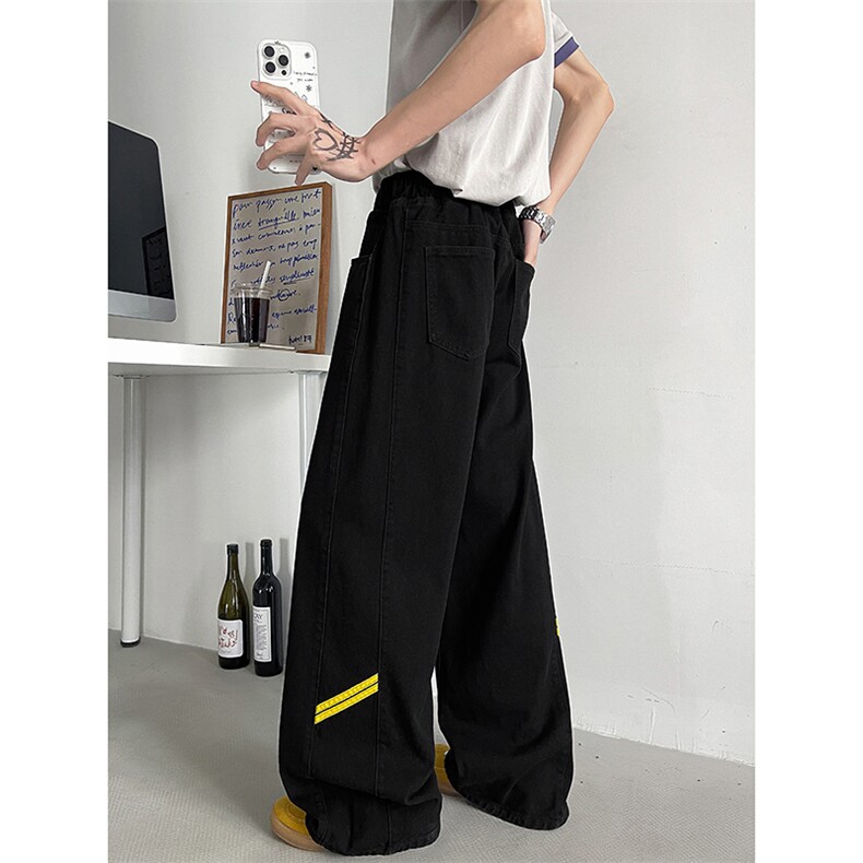 拼接条纹牛仔裤男潮牌美式复古宽松直筒裤子-A2022TP48控88图片