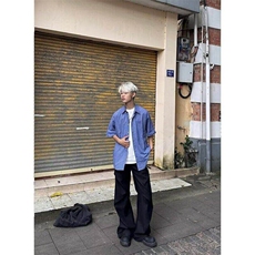 美式蓝色格子短袖衬衫男士夏季衬衣cleanfit休闲上衣LC2177-p40，男装T恤，星座1008