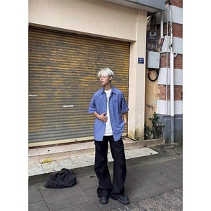 美式蓝色格子短袖衬衫男士夏季衬衣cleanfit休闲上衣LC2177-p40