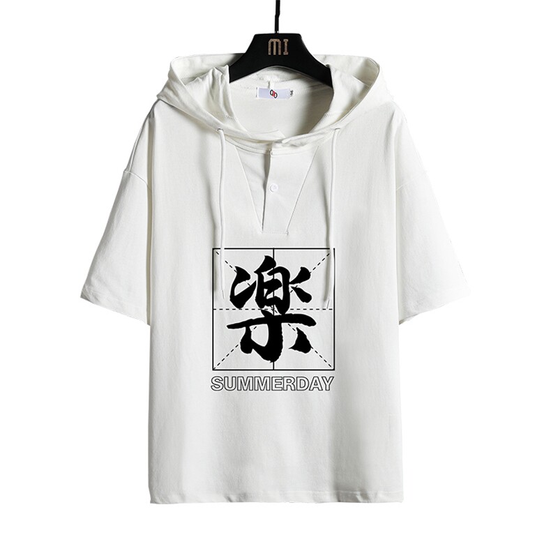 LD54197-P45连帽短袖t恤男大码胖子带帽五分袖中袖网格挂拍,男装T恤,电商A040A