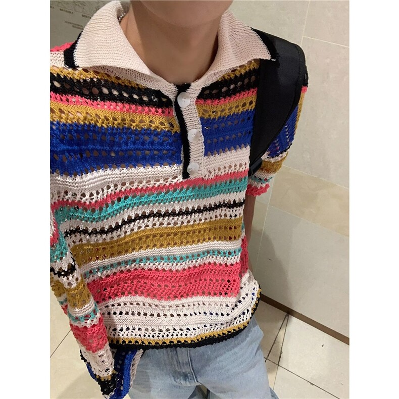 美式复古彩色条纹镂空针织衫夏新款潮牌翻领休闲POLO衫Y39P38,男装Polo衫,星座1116-2