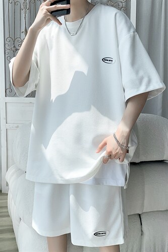TZ65556/P40华夫格夏季宽松贴标套装男T恤短裤两件套大码港风控78，男装牛仔裤，电商A141