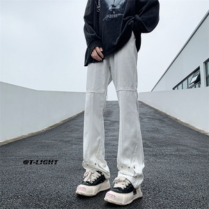 美式ins高街牛仔裤小众百搭微喇铆钉纽扣拼接牛仔裤K2301-P65控88图片