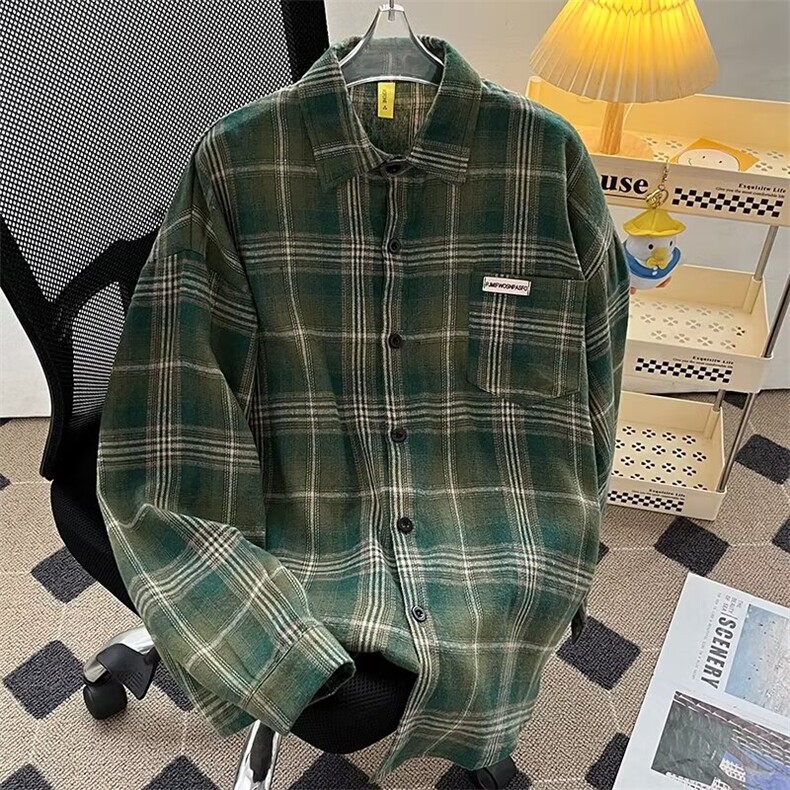 潮牌双色磨毛格子衬衫男女春夏复古美式宽松情侣外套XC318/P38,男装衬衫,星座506B