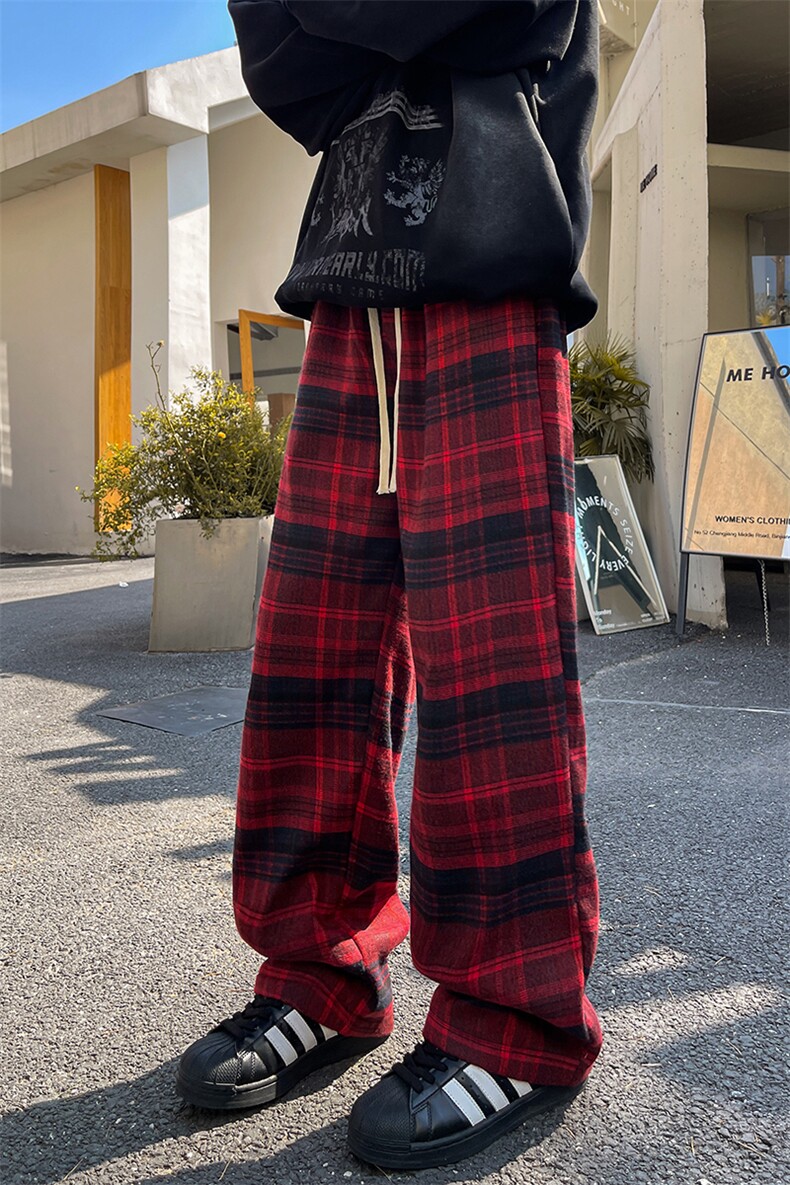 8XL-M毛呢复古格子裤宽松休闲加绒慵懒风直筒阔腿裤K9118P60控78,男装休闲裤,电商D206-1
