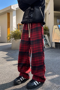 8XL-M 毛呢复古格子裤宽松休闲加绒慵懒风直筒阔腿裤K9118P60控78图片