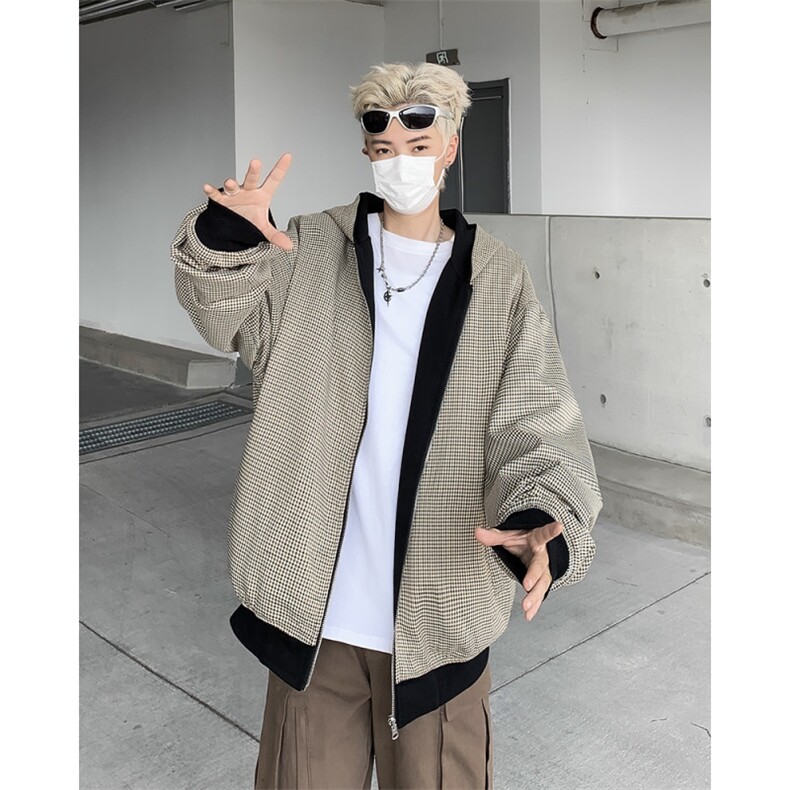 双面穿外套男连帽格子宽松百搭韩版潮流2024秋冬ins夹克W6078-P72,男装夹克,星座412-2