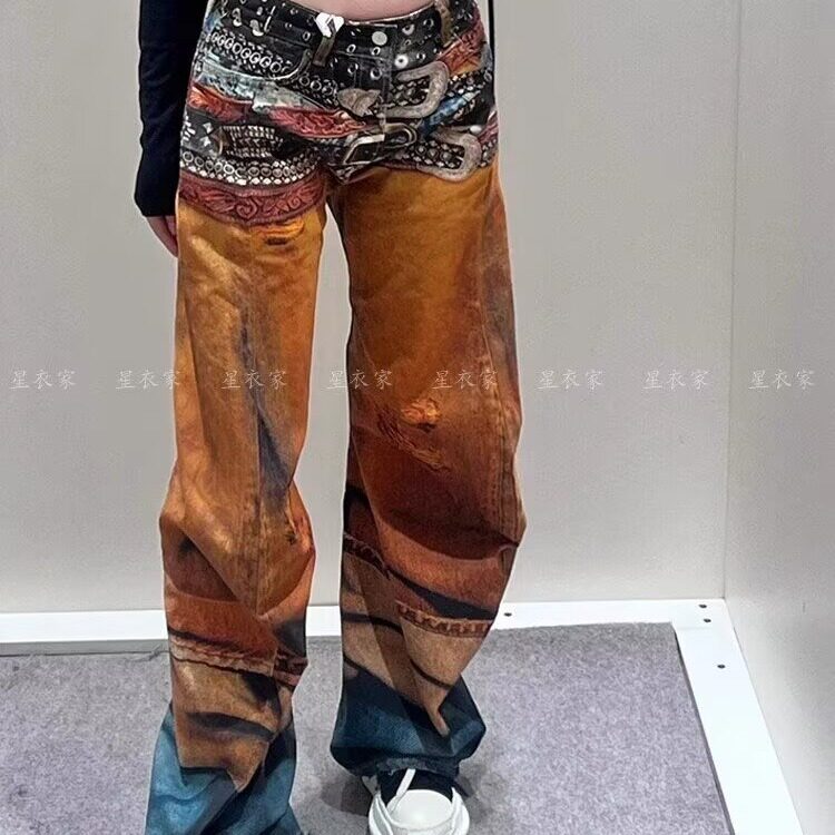 G967-P612025新款3D立体打印错觉复古彩色油画腰带弯刀牛仔裤,男装牛仔裤,电商B323A