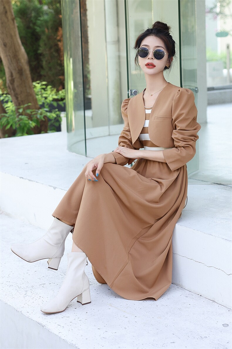 2022新款秋装女修身小香风外套背心条纹高腰连衣裙两件套,女装套装/套裙,曼娅璐