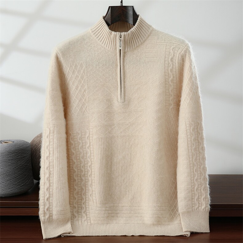 秋冬新款纯色半高圆领拉链针织套头上衣，男装针织衫/毛衣，隆格羊绒