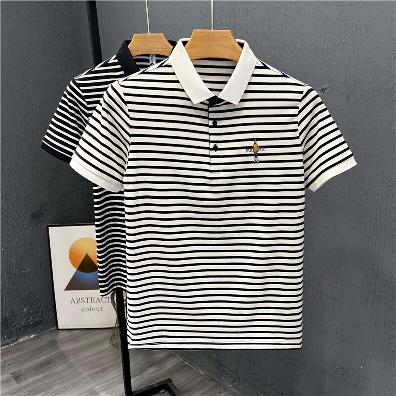 网图PL3080-P40POLO衫男条纹翻领短袖t恤潮流夏季轻商务修身半袖,男装T恤,电商D310B-1