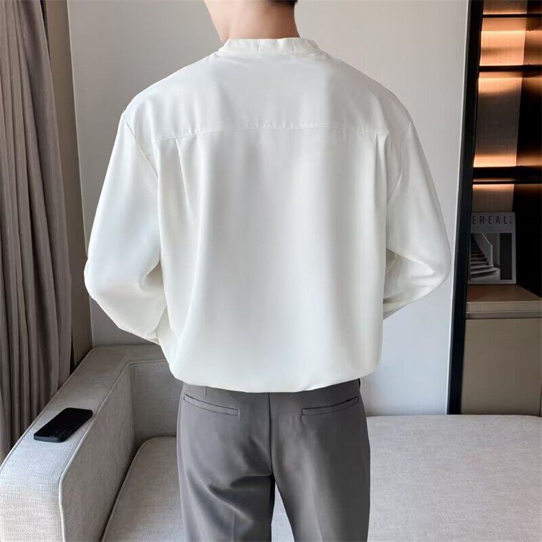 禁欲系雪纺垂感V领衬衫男纯色宽松高冷风无领长袖衬衣insC03/P36,男装衬衫,星座506