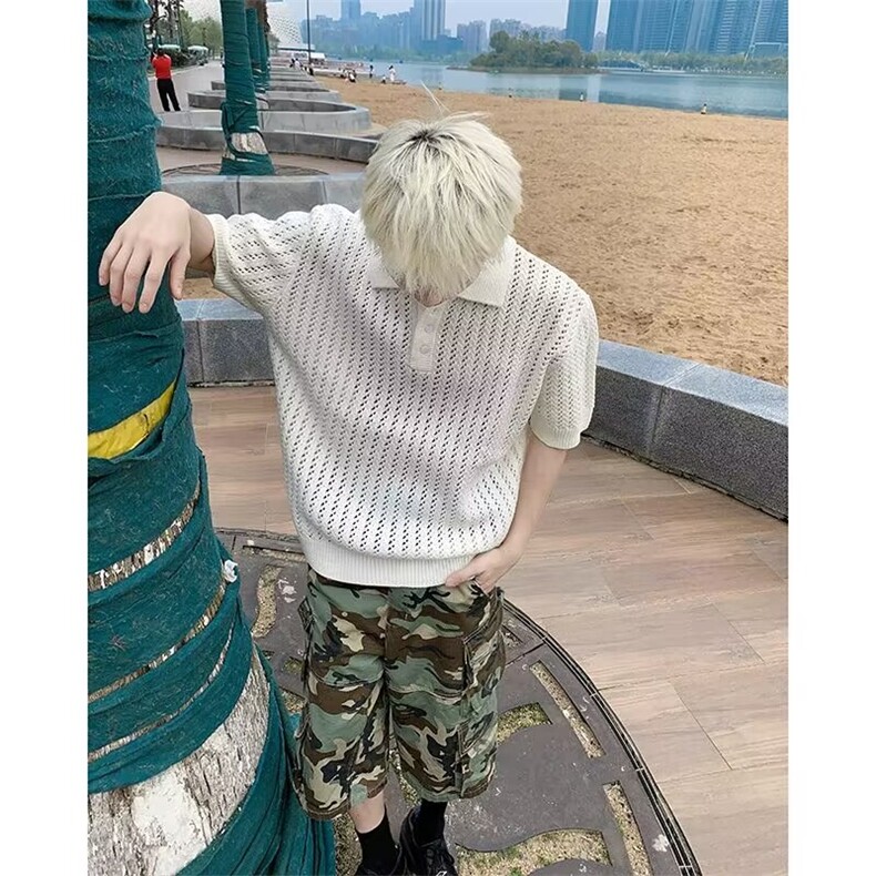 纯色镂空冰丝短袖POLO衫男夏季修身时尚潮流翻领半袖T恤休闲透气,男装T恤,星座1013