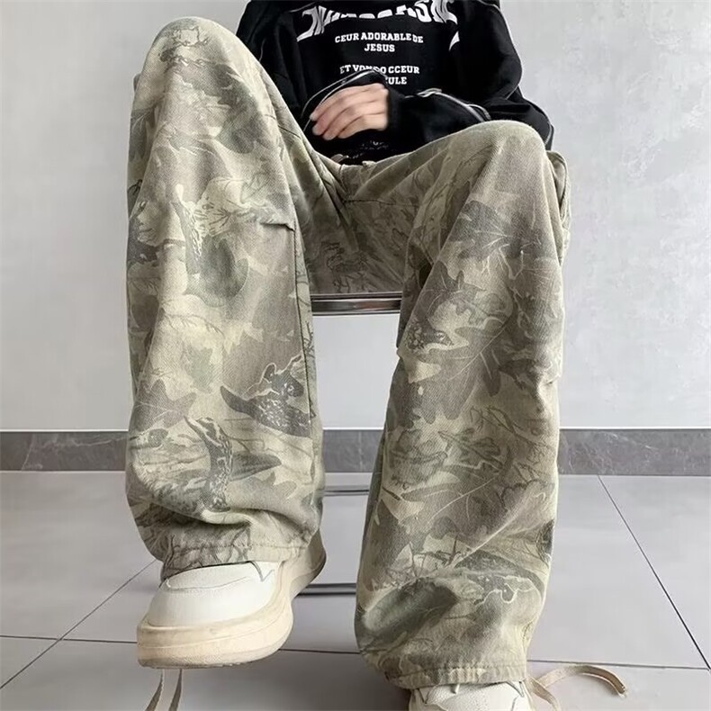 迷彩工装裤男大口袋阔腿裤子痞帅百搭宽松直筒牛仔长裤AA081-P57,男装工装外套,星座208-5