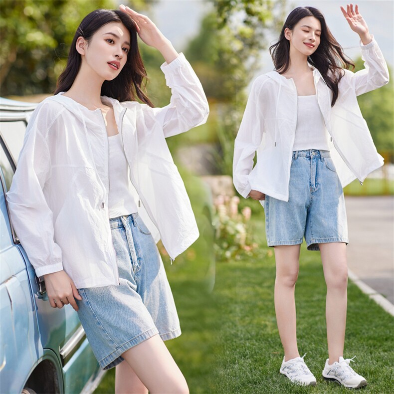 【现货】白色连帽防晒服女2024夏季清薄纯色凉感外套，女装防晒衣，梦懿尔