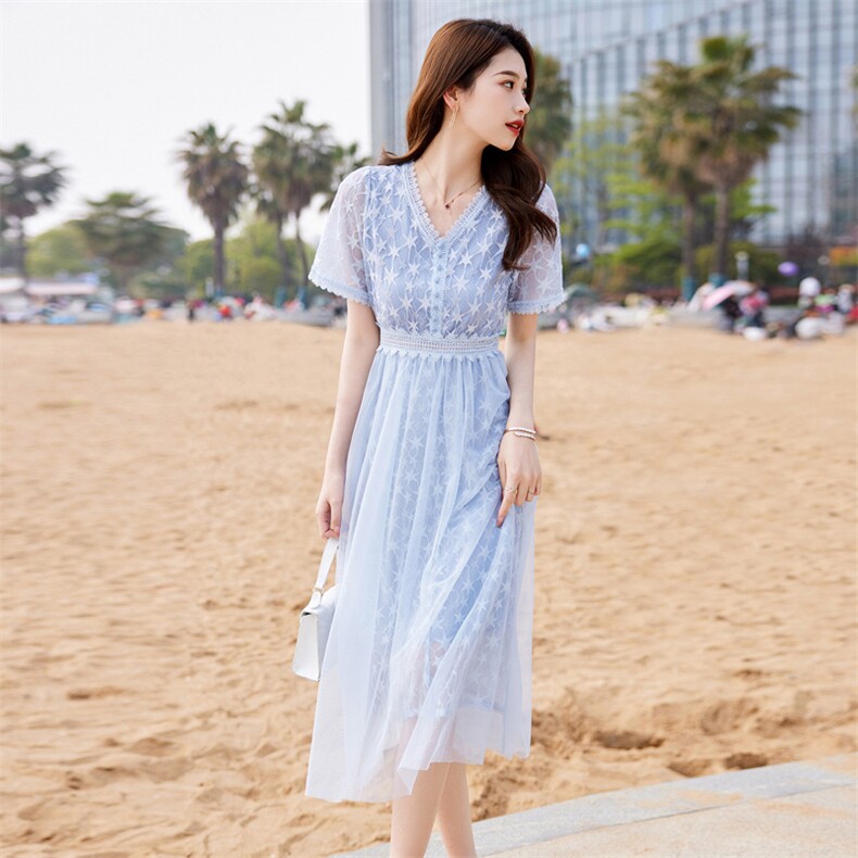 时尚潮流2023年夏季新款甜美显瘦蕾丝网纱拼接长款连衣裙,女装连衣裙,安之芮娜