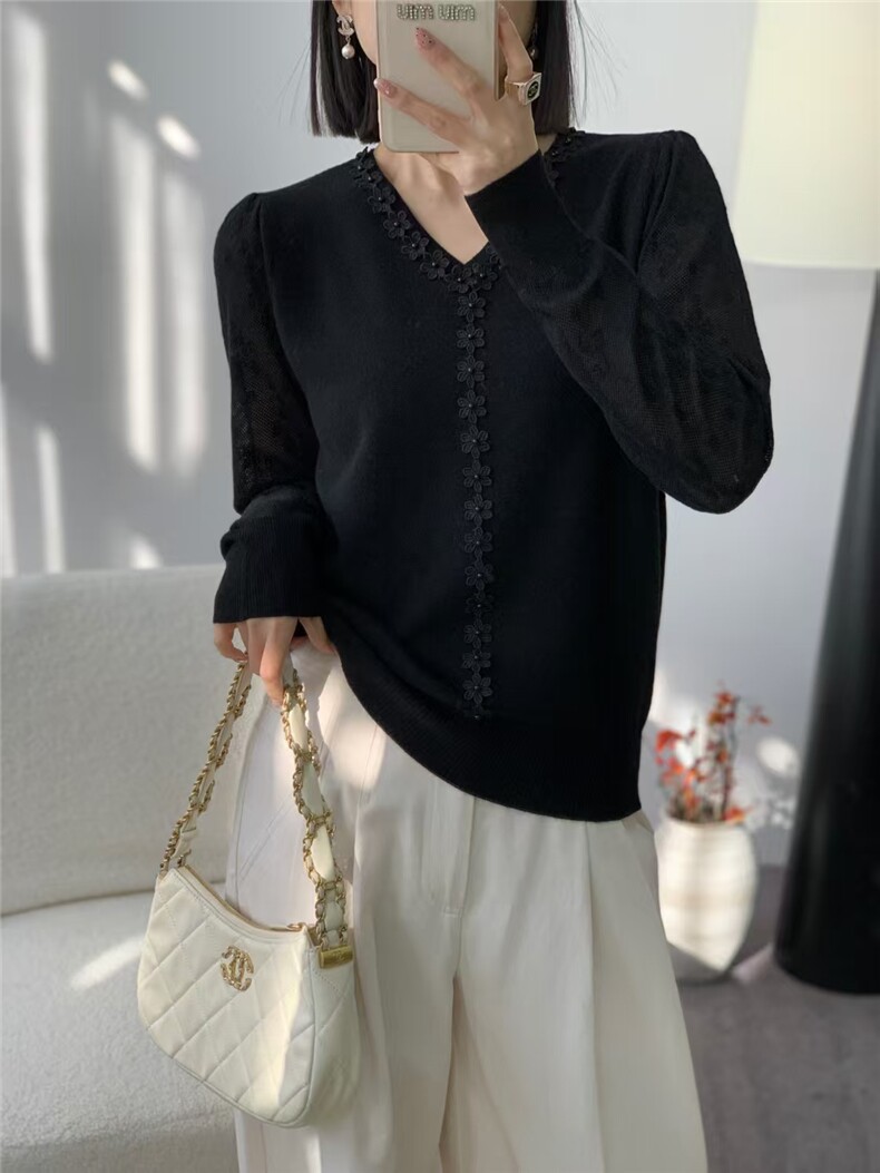 春秋V领精纺羊毛衫女蕾丝镂空提花针织毛衣宽松气质钉珠打底上衣，女装针织衫/毛衣，晨旭羊绒