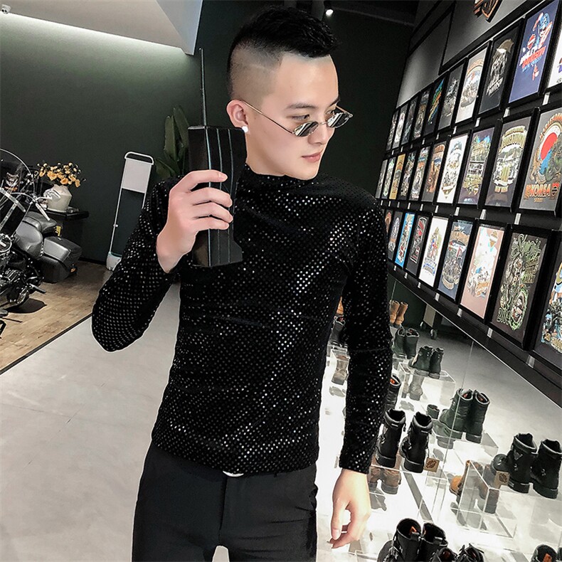 店主风T恤男长袖针织衫外穿网红半高领亮片打底衫A068-QS14-P45,男装T恤,星座419（原A233）