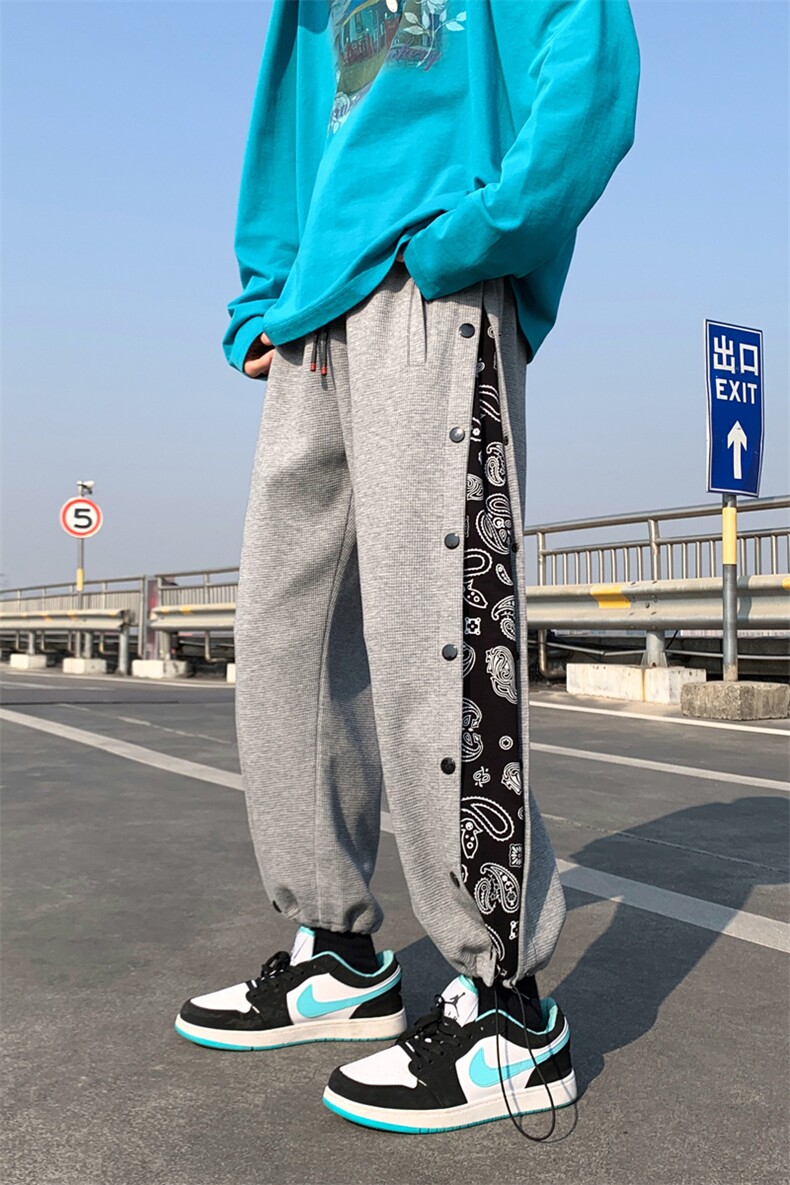 春季新款条纹拼接华夫格垂感排扣大码宽松休闲裤A161-K7271-P55,男装休闲裤,电商A161-2