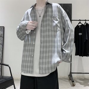 港风秋季小清新外穿长袖衬衫男 百搭休闲格子衬衣外套CS22/P45图片