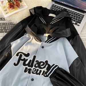 美式复古字母PU刺绣棒球服男女嘻哈宽松撞色情侣夹克EE005-P45图片