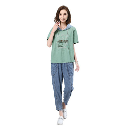 2021夏季新款时尚休闲拼接连帽印花套装,女装套装/套裙,叶笙衣