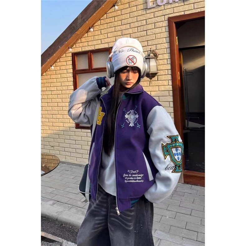 2025春季新款男女美式复古撞色立领刺绣棒球服情侣外套,男装夹克,星座506A